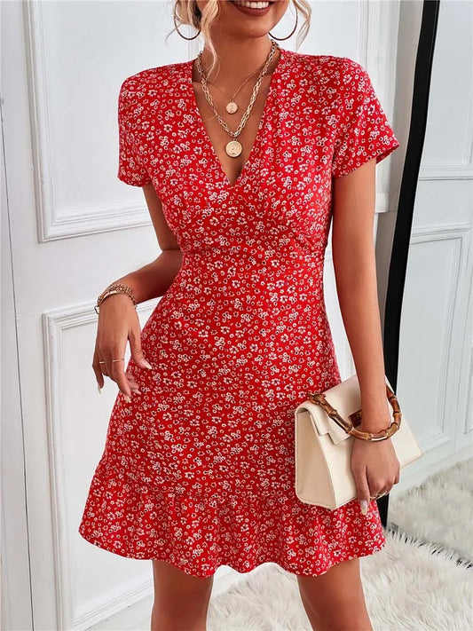 2024 Summer Short V-Neck Floral Ladies Mini Boho Dress