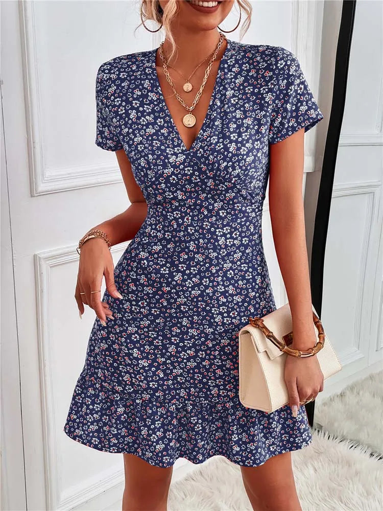 2024 Summer Short V-Neck Floral Ladies Mini Boho Dress