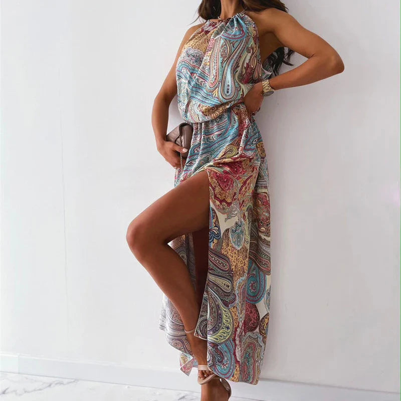 2024 Sexy Waist Slit Female Casual Beach Sundress Boho Dress