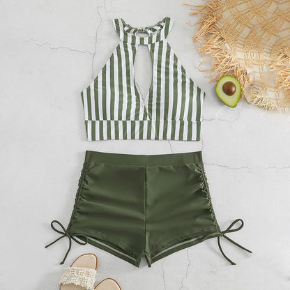 Striped Hollow Out Halter High Waist Two-Piece Pool Swimming Bikini Sets