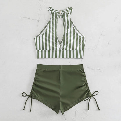 Striped Hollow Out Halter High Waist Two-Piece Pool Swimming Bikini Sets