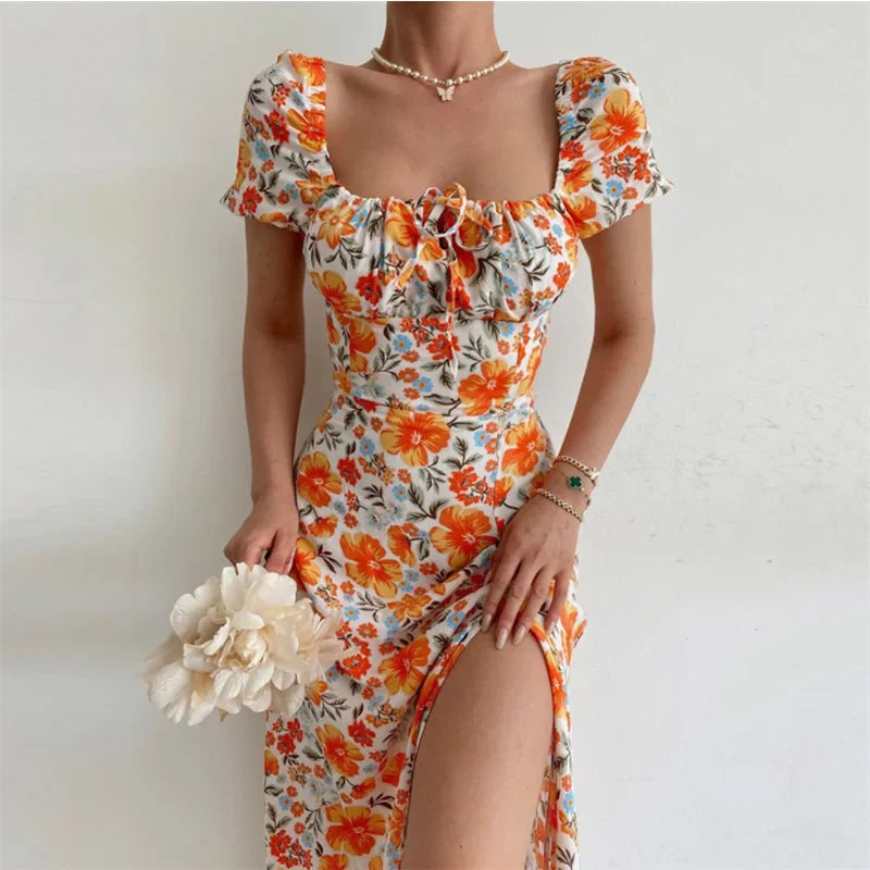 2024 Off Shoulder Square Neck Floral Bodycon Boho Dress