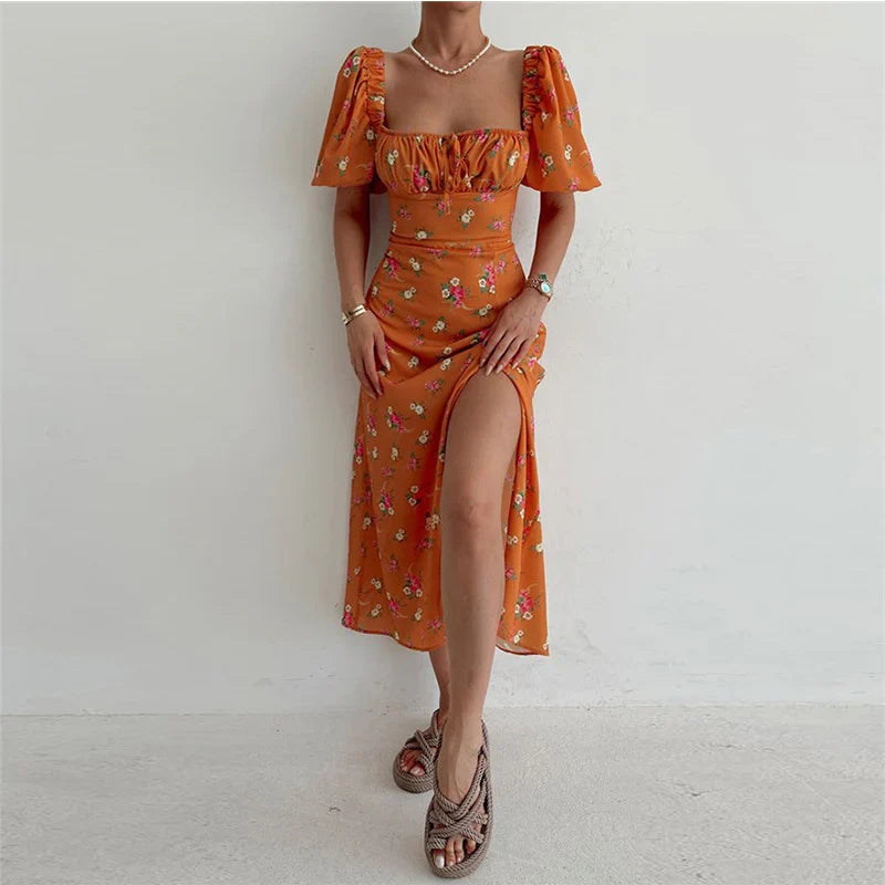 2024 Off Shoulder Square Neck Floral Bodycon Boho Dress