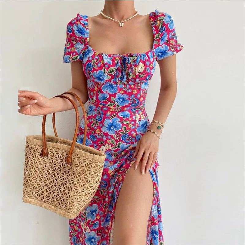 2024 Off Shoulder Square Neck Floral Bodycon Boho Dress