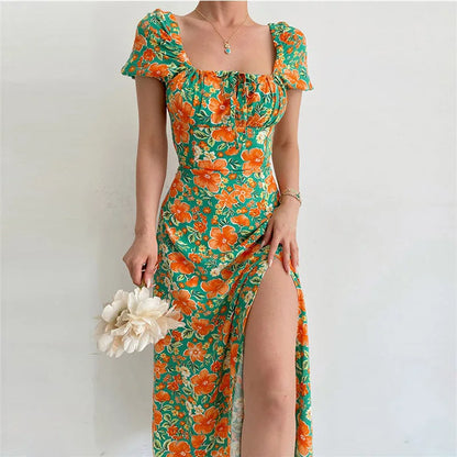 2024 Off Shoulder Square Neck Floral Bodycon Boho Dress