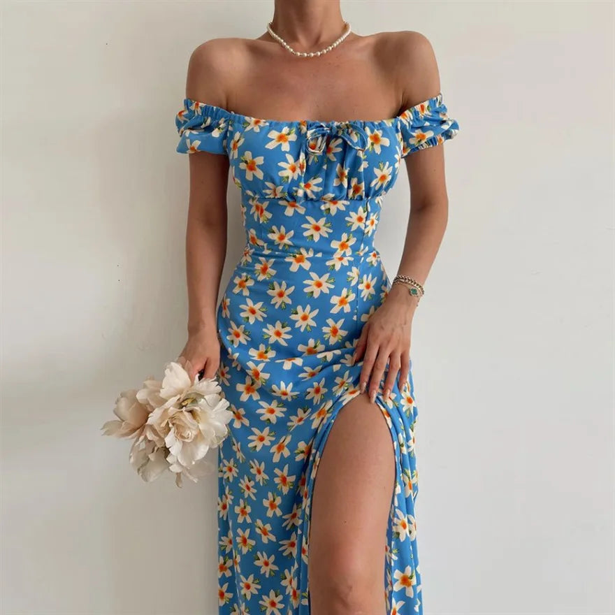 2024 Off Shoulder Square Neck Floral Bodycon Boho Dress