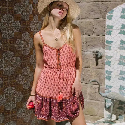 2024 Chic Floral Straps Drawstring Waist Boho Dress