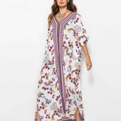 2024 Maxi Tunic  Women  Kaftan  Summer  Swim Cover Up  Cotton Rayon  Floral Print  Loose  Beach Robe Boho Dress