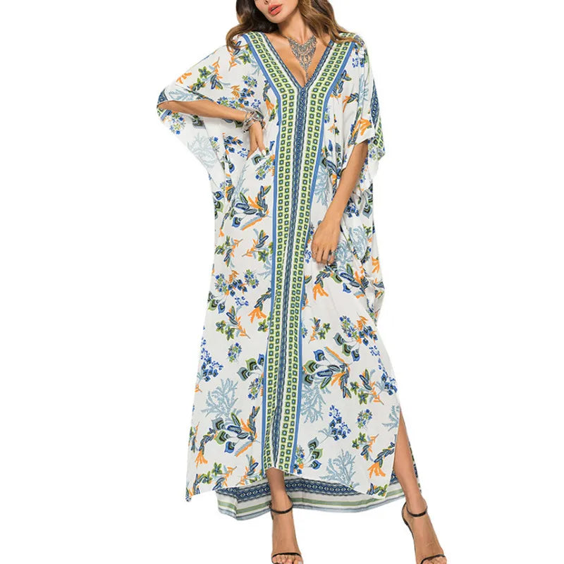 2024 Maxi Tunic  Women  Kaftan  Summer  Swim Cover Up  Cotton Rayon  Floral Print  Loose  Beach Robe Boho Dress