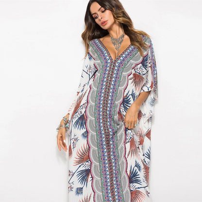 2024 Maxi Tunic  Women  Kaftan  Summer  Swim Cover Up  Cotton Rayon  Floral Print  Loose  Beach Robe Boho Dress