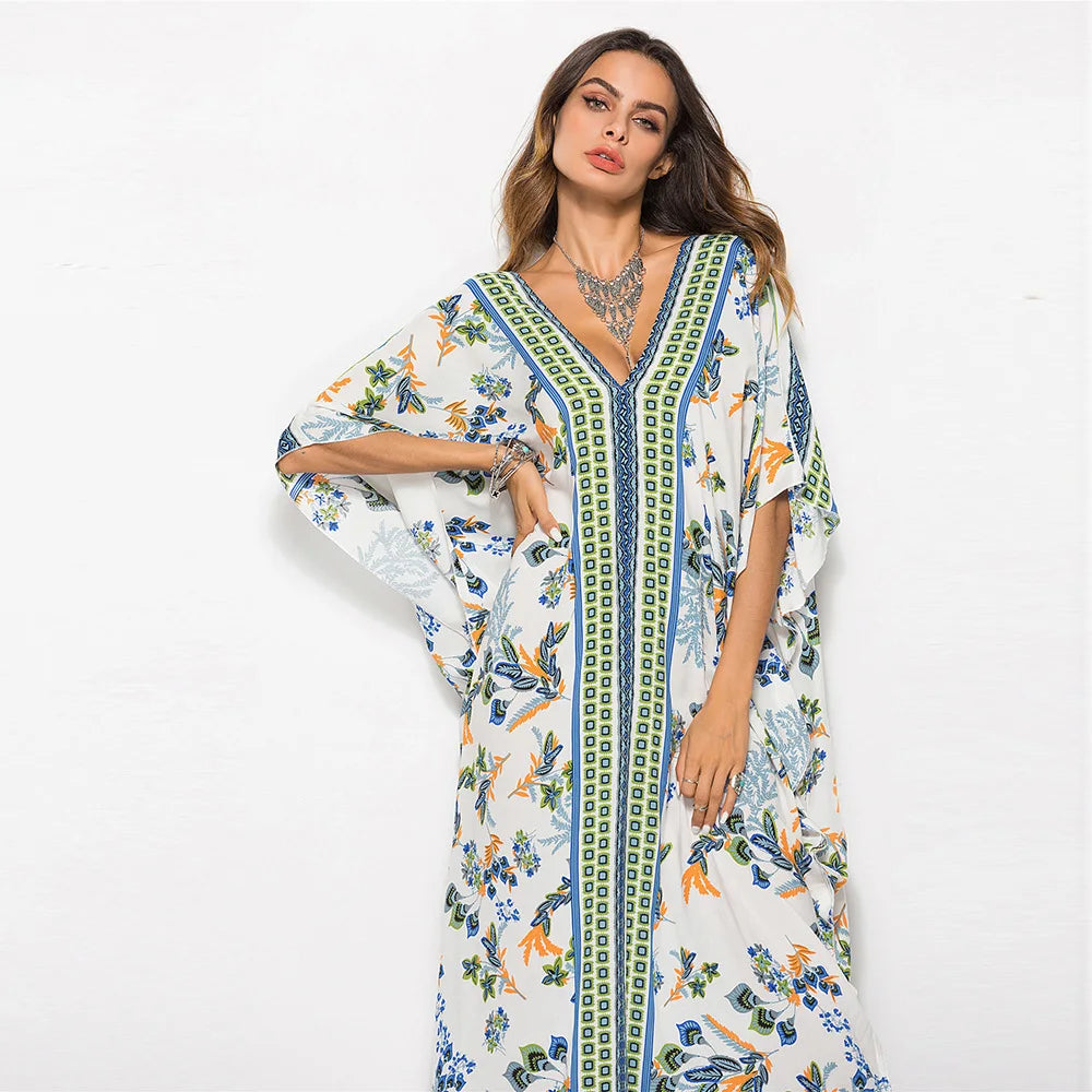 2024 Maxi Tunic  Women  Kaftan  Summer  Swim Cover Up  Cotton Rayon  Floral Print  Loose  Beach Robe Boho Dress