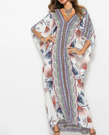 2024 Maxi Tunic  Women  Kaftan  Summer  Swim Cover Up  Cotton Rayon  Floral Print  Loose  Beach Robe Boho Dress