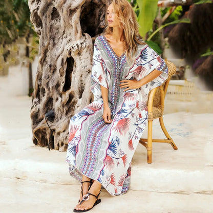 2024 Maxi Tunic  Women  Kaftan  Summer  Swim Cover Up  Cotton Rayon  Floral Print  Loose  Beach Robe Boho Dress