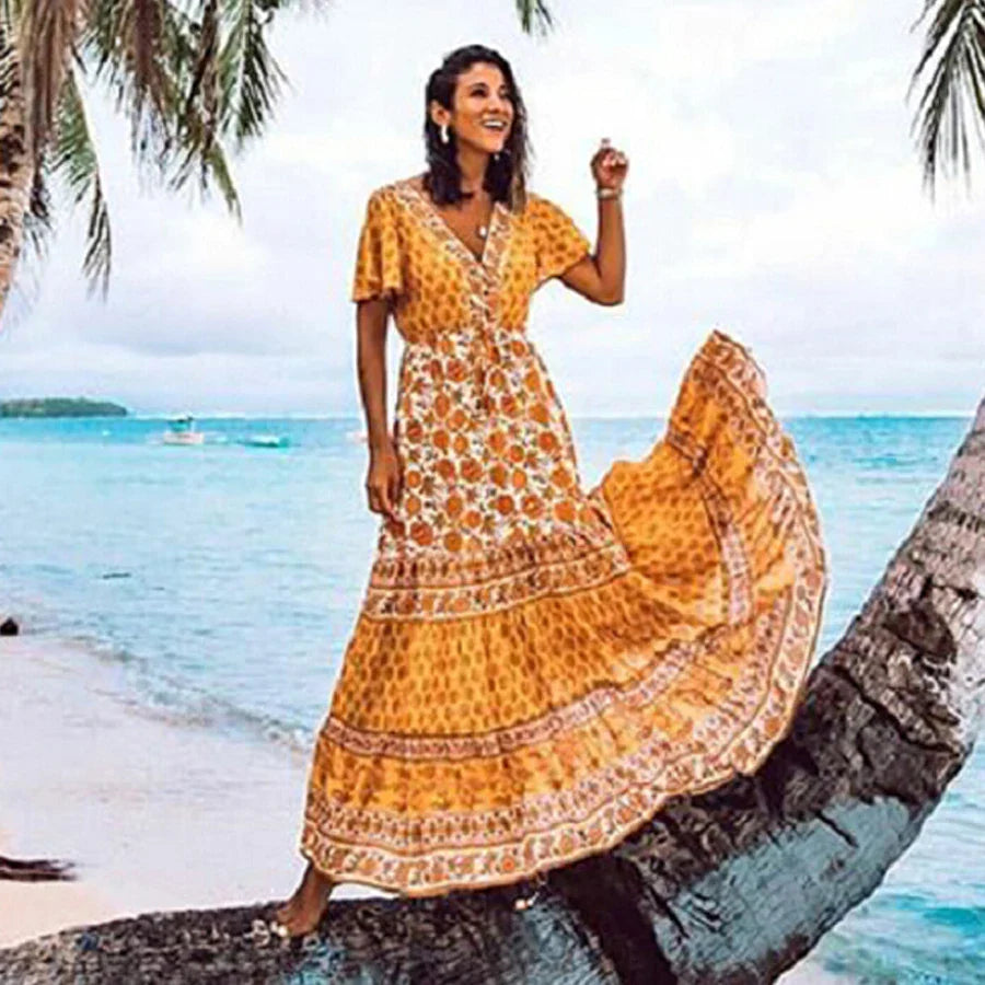 2024  Rayon Yellow Floral Print  V-neck  Beach Wear  Summer  Gypsy  Long  Women  Maxi  Vestidos  Boho Dress