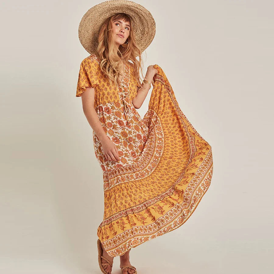 2024  Rayon Yellow Floral Print  V-neck  Beach Wear  Summer  Gypsy  Long  Women  Maxi  Vestidos  Boho Dress