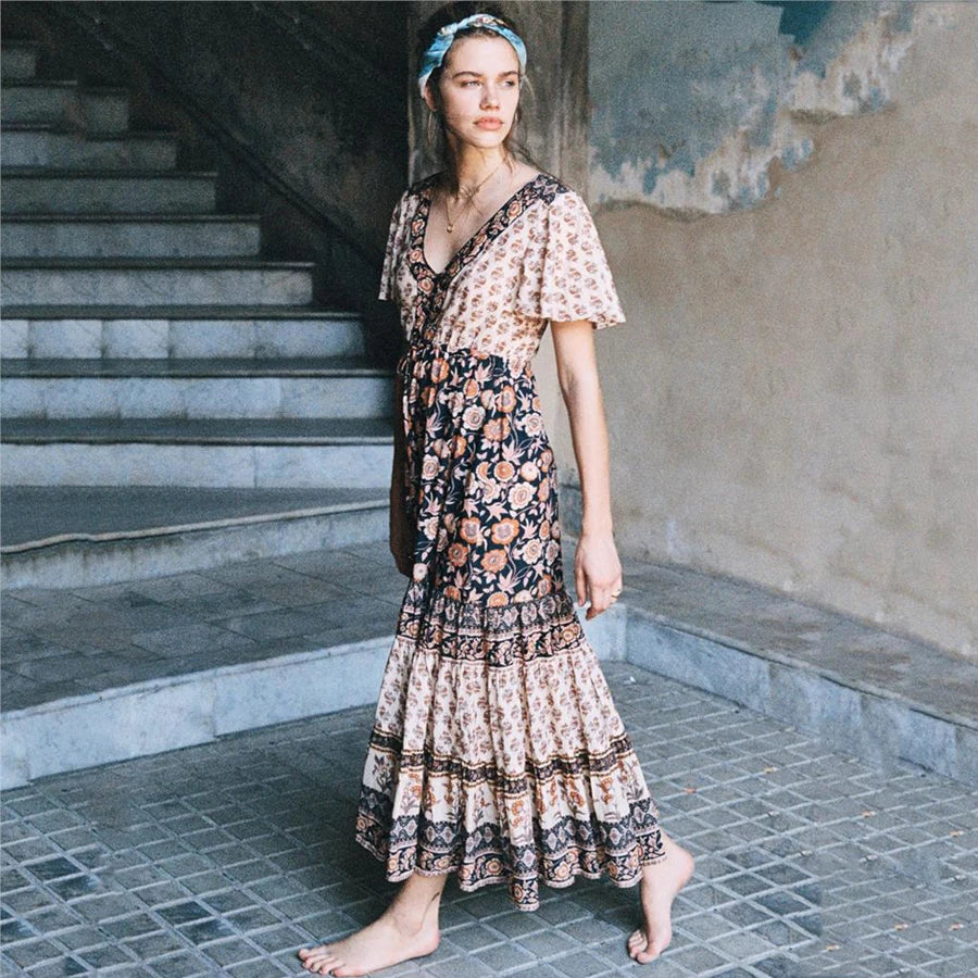 2024  Rayon Yellow Floral Print  V-neck  Beach Wear  Summer  Gypsy  Long  Women  Maxi  Vestidos  Boho Dress