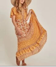 2024  Rayon Yellow Floral Print  V-neck  Beach Wear  Summer  Gypsy  Long  Women  Maxi  Vestidos  Boho Dress