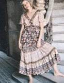 2024  Rayon Yellow Floral Print  V-neck  Beach Wear  Summer  Gypsy  Long  Women  Maxi  Vestidos  Boho Dress