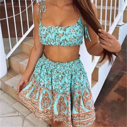 Backless  Sexy  Two Piece Set  Women  2024  Summer  Crop Top  Elastic Waist  Mini Skirt  Floral Print  Beach  Loose  Casual Boho Dress