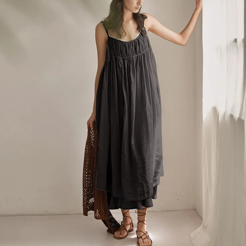 Backless Sleeveless Strap for Women Casual Solid 100% Cotton Long Summer Loose A-Line Beach Vestidos Boho Dress