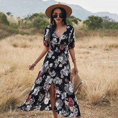 Bohemian  Cotton Floral Print  Long  Women  V-neck  Short Sleeve  Casual  Vestido  Robe  Elegant  Summer Boho Dress