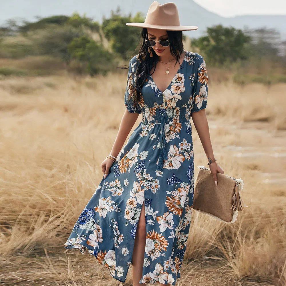 Bohemian  Cotton Floral Print  Long  Women  V-neck  Short Sleeve  Casual  Vestido  Robe  Elegant  Summer Boho Dress