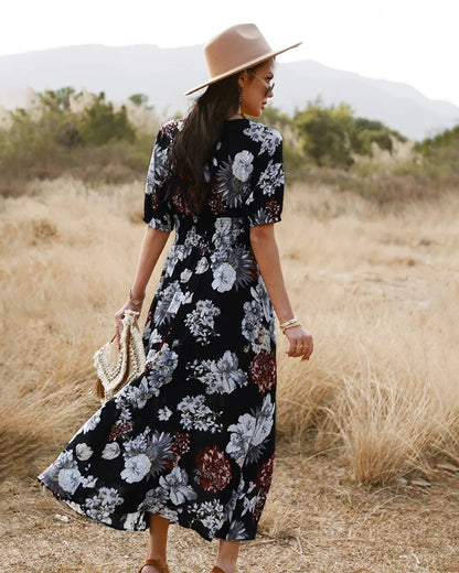 Bohemian  Cotton Floral Print  Long  Women  V-neck  Short Sleeve  Casual  Vestido  Robe  Elegant  Summer Boho Dress