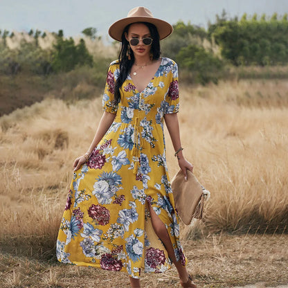 Bohemian  Cotton Floral Print  Long  Women  V-neck  Short Sleeve  Casual  Vestido  Robe  Elegant  Summer Boho Dress