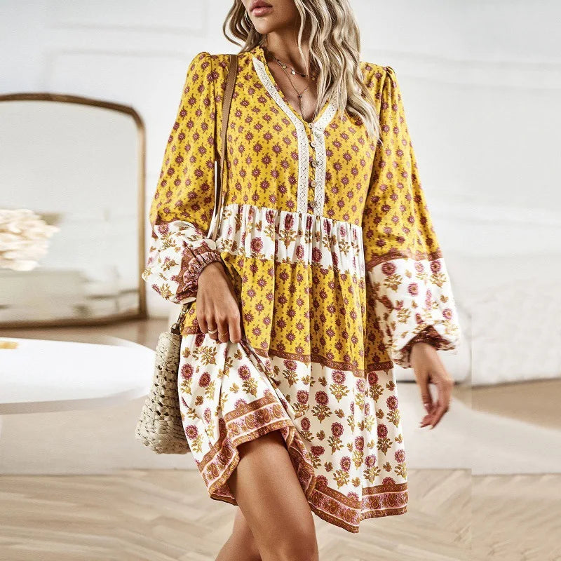 Beach  Cotton Rayon  Floral Print  Mini  Women  Robe  Casual  V Neck  Lantern Long Sleeve  Autumn Boho Dress