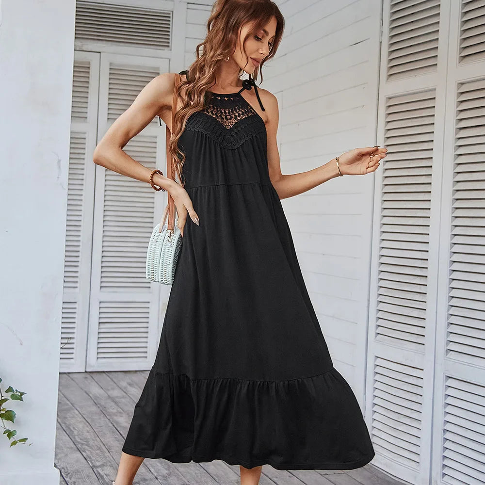 Beach Lace Crochet  Hollow Out  Sexy Strap  For Women  2024  Sleeveless  Knit  Summer  Long  Casual  Vestidos Boho Dress