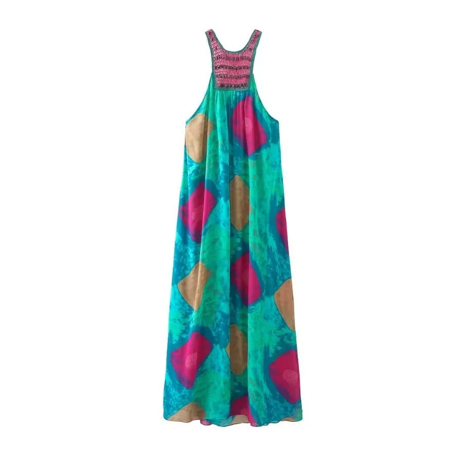 Beach  Sexy  Backless  Sleeveless  Maxi  Women  Robe  Casual  Crocheted  Beading  Chiffon Print  Long  Summer  2024  Boho Dress