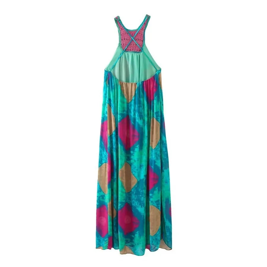 Beach  Sexy  Backless  Sleeveless  Maxi  Women  Robe  Casual  Crocheted  Beading  Chiffon Print  Long  Summer  2024  Boho Dress