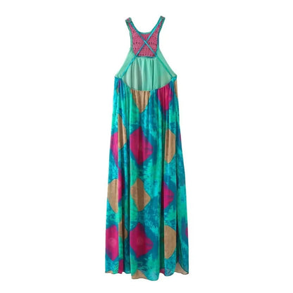 Beach  Sexy  Backless  Sleeveless  Maxi  Women  Robe  Casual  Crocheted  Beading  Chiffon Print  Long  Summer  2024  Boho Dress