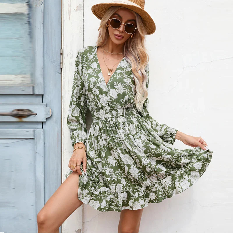 Cotton Rayon  Floral Print  Mini  Women  Robe  Casual  Deep V Neck  Long Sleeve  Shirred Waist  Ruffles Boho Dress