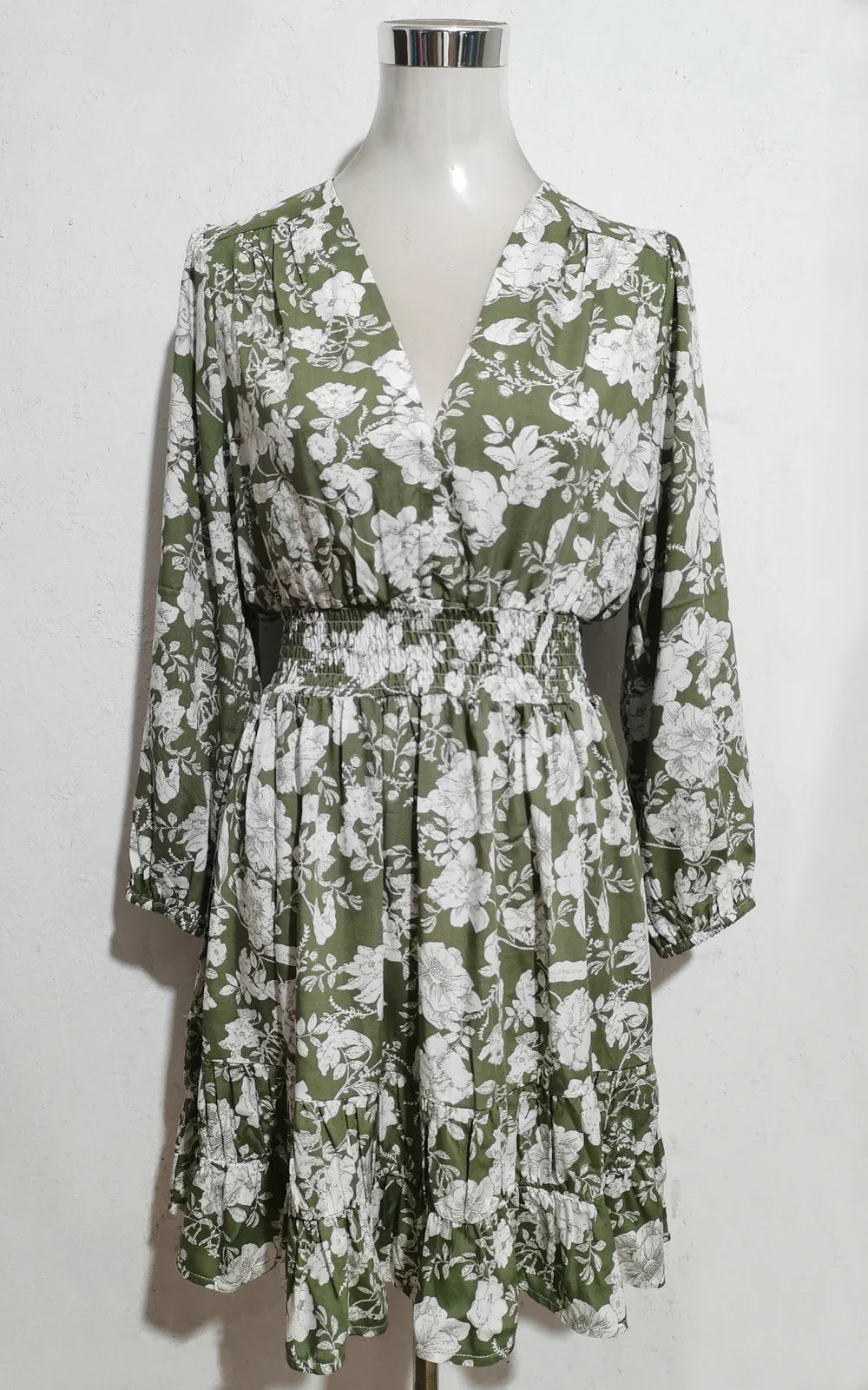 Cotton Rayon  Floral Print  Mini  Women  Robe  Casual  Deep V Neck  Long Sleeve  Shirred Waist  Ruffles Boho Dress