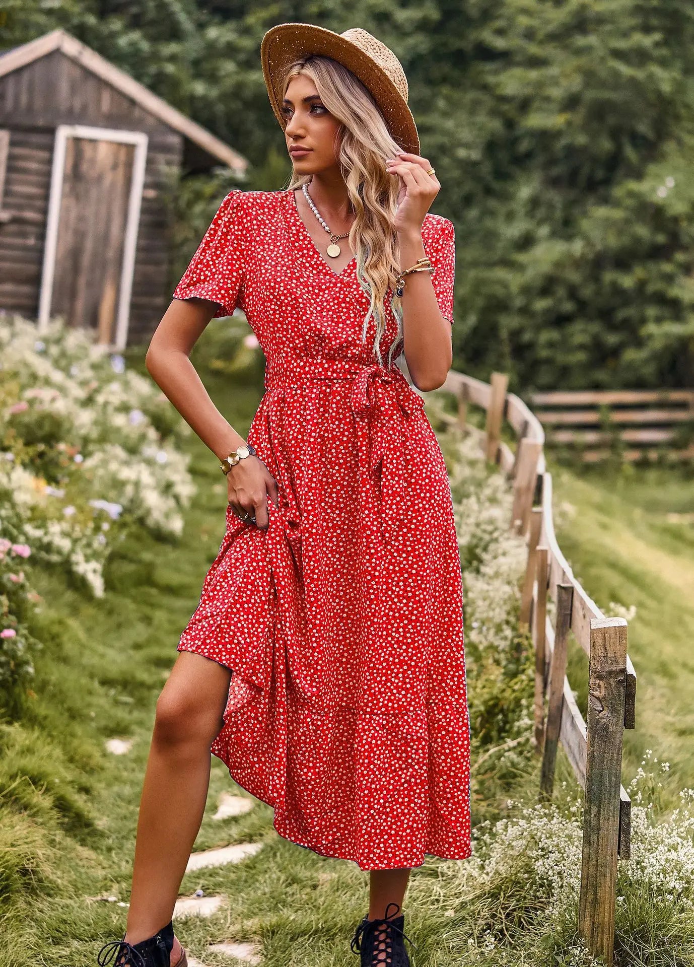 Dot Print  Women  Robe  Casual  V-neck  Short Sleeve  Beach  Summer  2024  Sashes  High Waist  Long  Vestidos Boho Dress