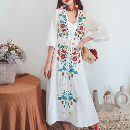 Ethnic Embroidery  Cotton Rayon  Women  Robe  Casual  V-neck  Flare Sleeve  Long  Summer  Beach  Loose  Vestidos Boho Dress