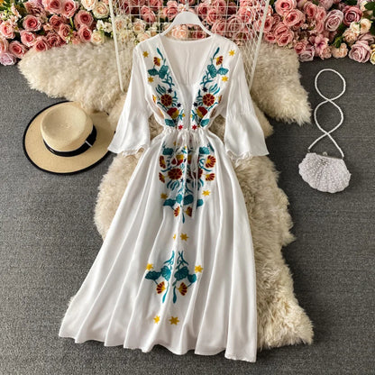 Ethnic Embroidery  Cotton Rayon  Women  Robe  Casual  V-neck  Flare Sleeve  Long  Summer  Beach  Loose  Vestidos Boho Dress