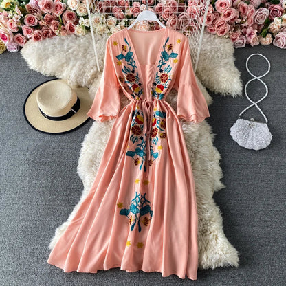 Ethnic Embroidery  Cotton Rayon  Women  Robe  Casual  V-neck  Flare Sleeve  Long  Summer  Beach  Loose  Vestidos Boho Dress