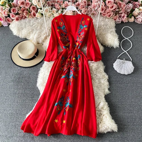 Ethnic Embroidery  Cotton Rayon  Women  Robe  Casual  V-neck  Flare Sleeve  Long  Summer  Beach  Loose  Vestidos Boho Dress