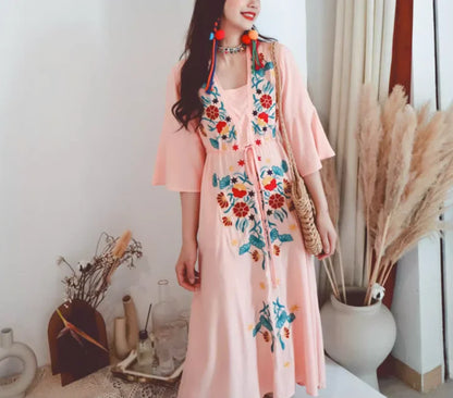 Ethnic Embroidery  Cotton Rayon  Women  Robe  Casual  V-neck  Flare Sleeve  Long  Summer  Beach  Loose  Vestidos Boho Dress