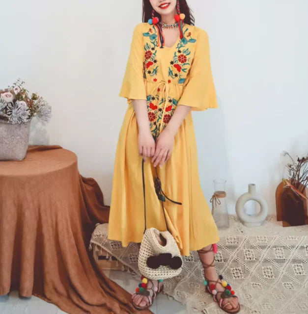 Ethnic Embroidery  Cotton Rayon  Women  Robe  Casual  V-neck  Flare Sleeve  Long  Summer  Beach  Loose  Vestidos Boho Dress