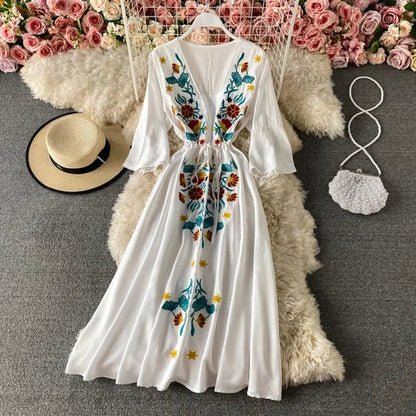 Ethnic Embroidery  Cotton Rayon  Women  Robe  Casual  V-neck  Flare Sleeve  Long  Summer  Beach  Loose  Vestidos Boho Dress