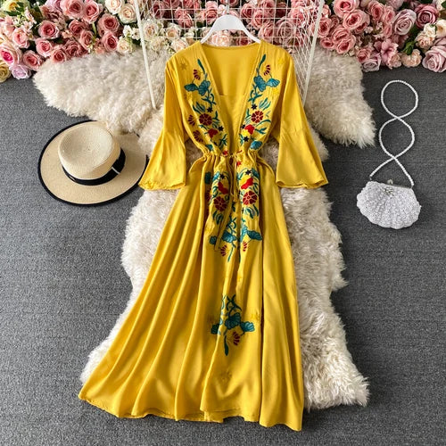 Ethnic Embroidery  Cotton Rayon  Women  Robe  Casual  V-neck  Flare Sleeve  Long  Summer  Beach  Loose  Vestidos Boho Dress