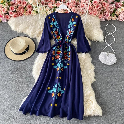 Ethnic Embroidery  Cotton Rayon  Women  Robe  Casual  V-neck  Flare Sleeve  Long  Summer  Beach  Loose  Vestidos Boho Dress