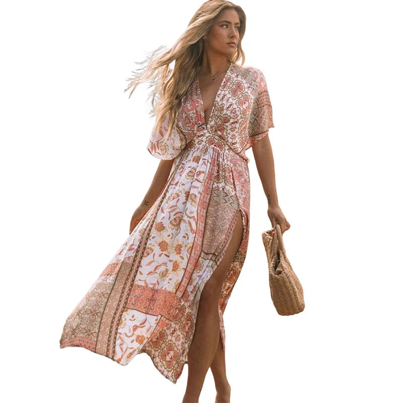 Floral Printed  Cover-Ups  Women  Casual  Deep V Neck  Elastic Waist  Short Sleeve  Summer  Long  Beach Boho Dress