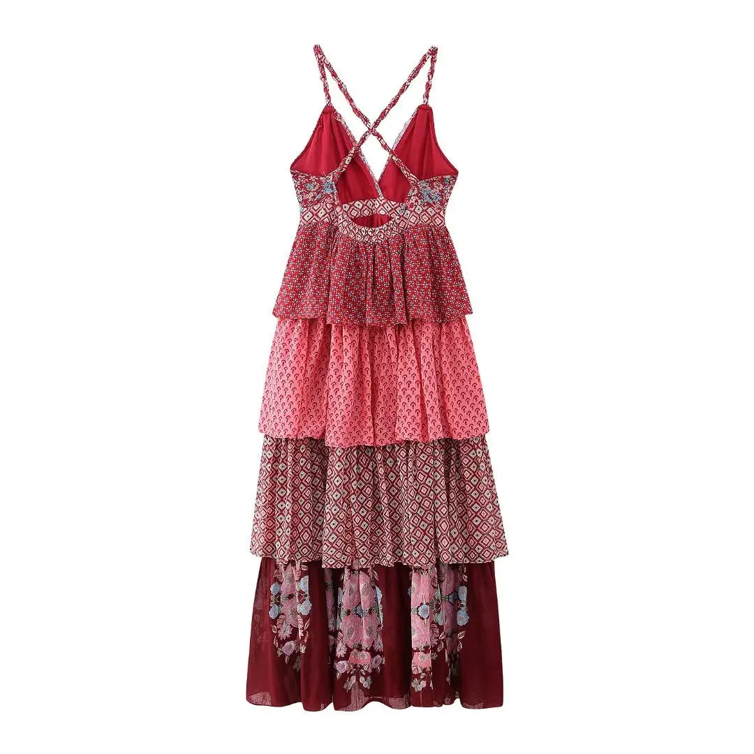 Mesh Chiffon Floral Print  Ruffles Strap  Women  Sexy  Sleeveless  Backless  Maxi  Summer  Party  Vestidos  Boho Dress