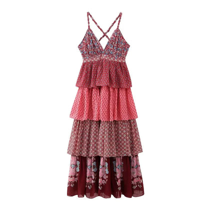 Mesh Chiffon Floral Print  Ruffles Strap  Women  Sexy  Sleeveless  Backless  Maxi  Summer  Party  Vestidos  Boho Dress