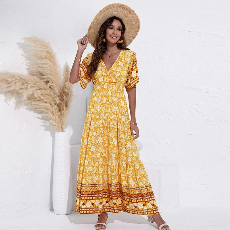 Rayon Floral Print  Long  Women  Summer Robe  Casual  V-neck  Maxi  Vintage  Bohemian  Beach Boho Dress