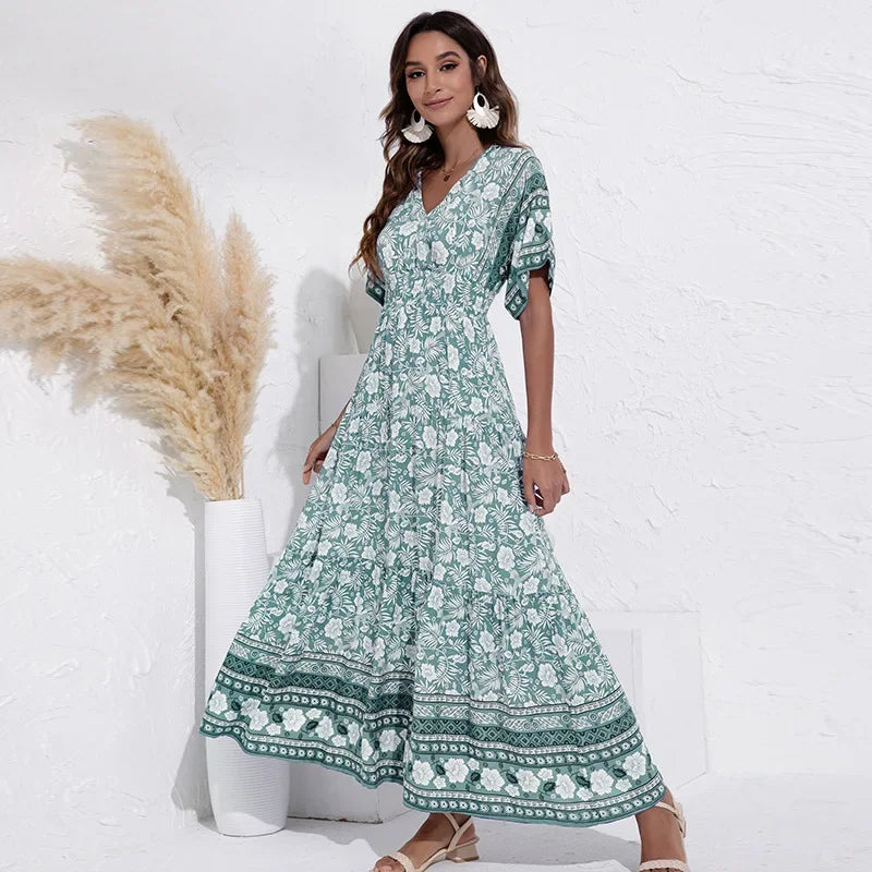 Rayon Floral Print  Long  Women  Summer Robe  Casual  V-neck  Maxi  Vintage  Bohemian  Beach Boho Dress